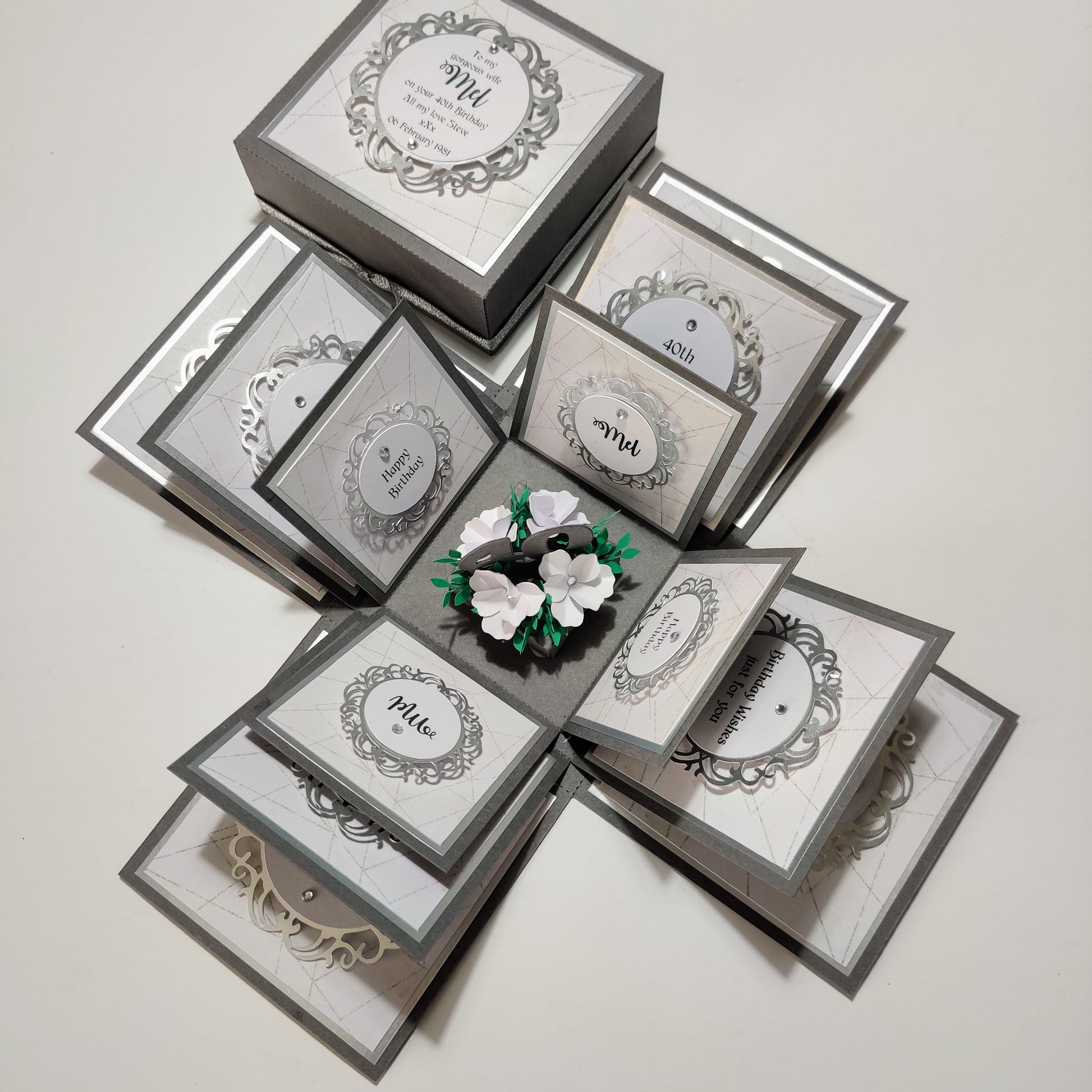 Grey & Silver Geometrics Birthday Celebration Pop-Open Box Card featuring intricate geometric patterns designed to pop open, offering a unique celebratory experience for birthdays.