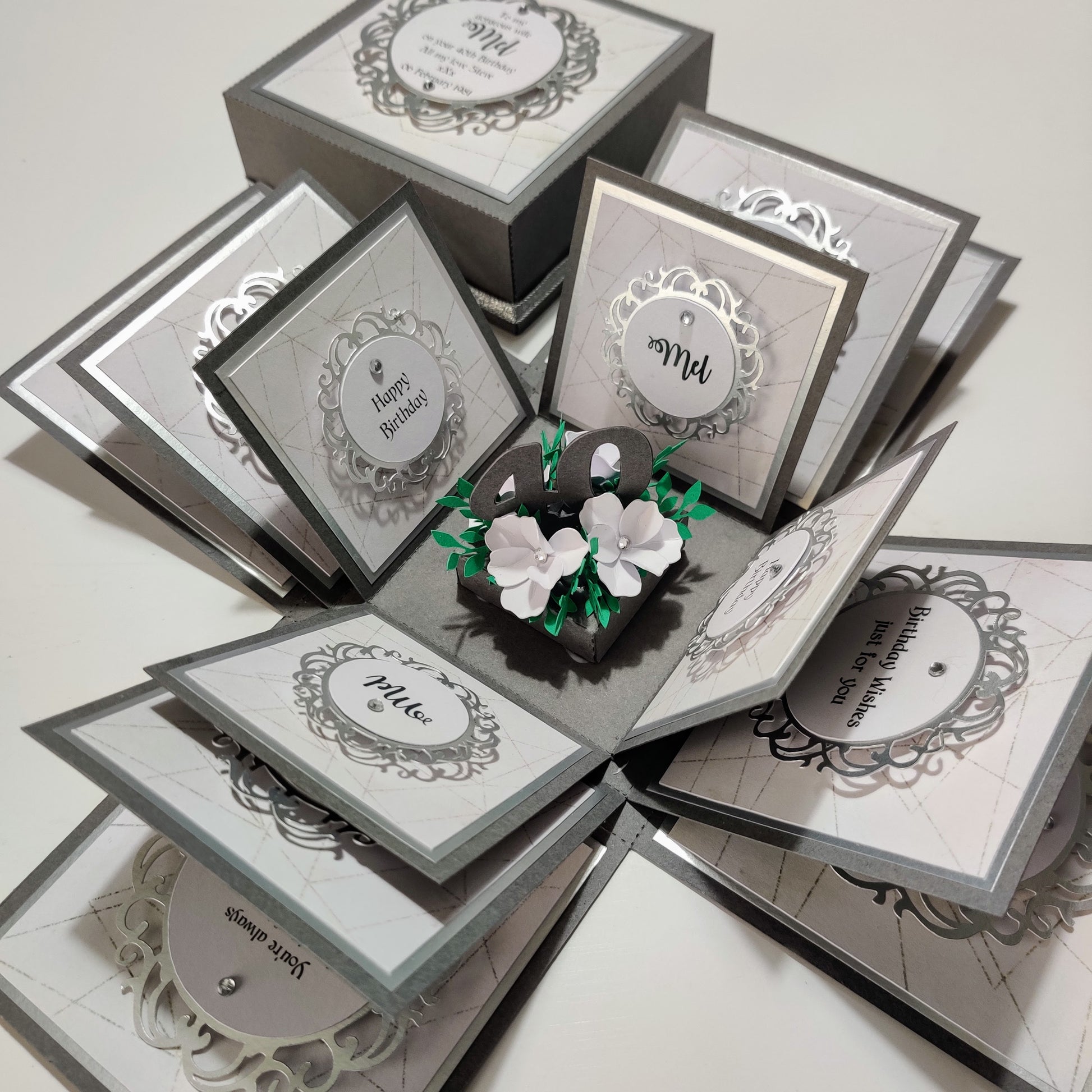 Grey & Silver Geometrics Birthday Celebration Pop-Open Box Card featuring intricate geometric patterns and celebratory elements, designed to pop open for a dynamic presentation. Ideal for sending festive birthday greetings.