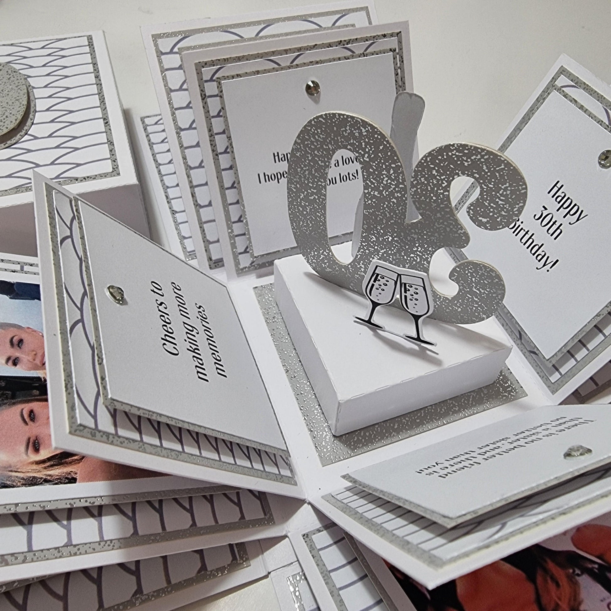 30th Birthday Celebration Occasion Box ~ White & Silver, featuring decorative silver and white geometric designs. Adorned with heartfelt birthday messages, this personalized box creates a captivating presentation for a special occasion.