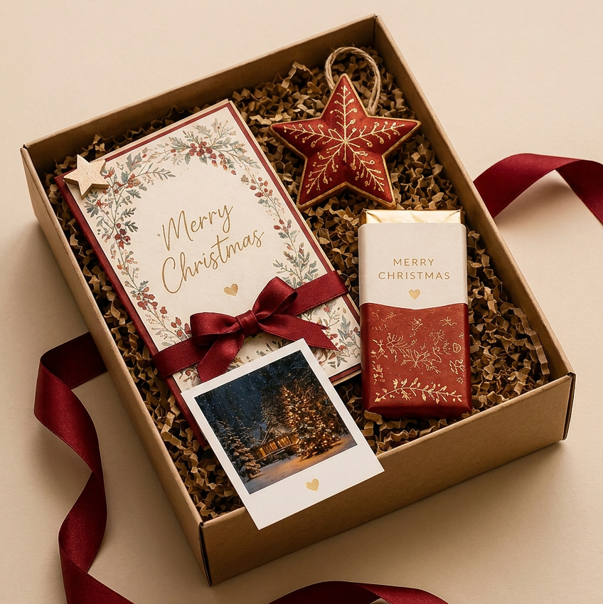 A curated Snail Mail Christmas gift box set in a brown kraft box filled with crinkle paper, featuring a 'Merry Christmas' card tied with a red ribbon, a small red and cream card, a red ornament, and a photo print, with a red ribbon bow on a beige background.