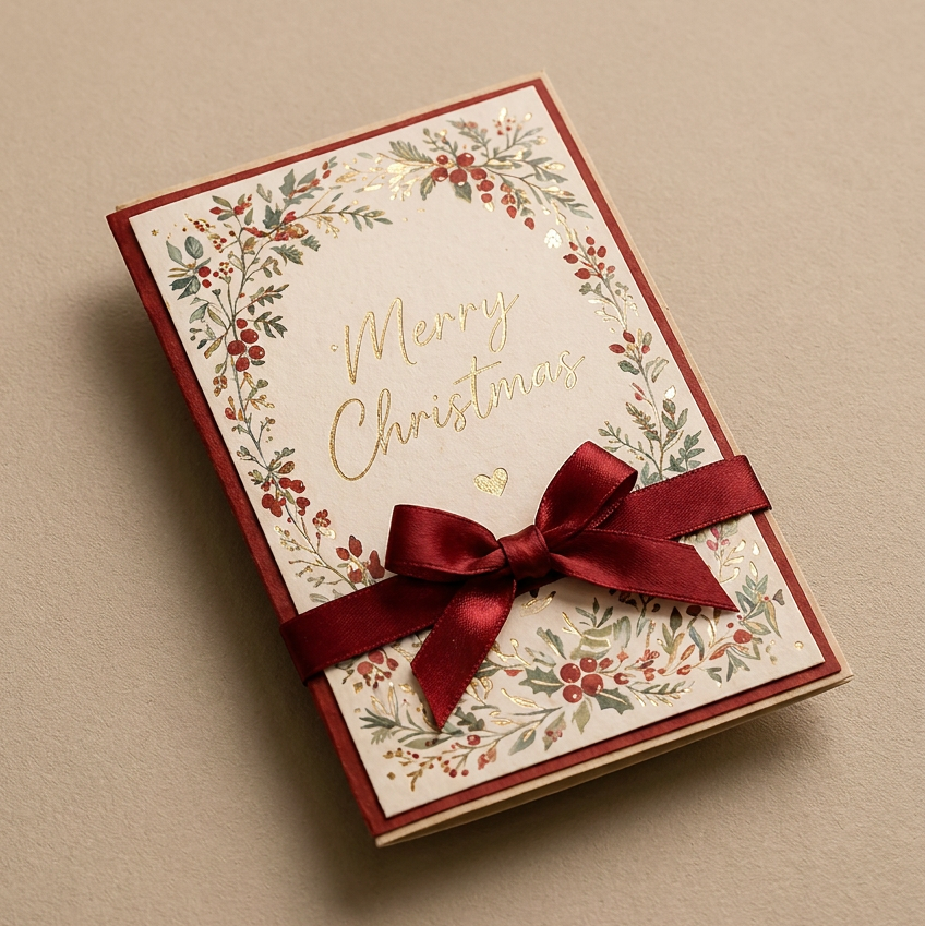 A handmade Christmas greeting card with a red ribbon bow, featuring a floral wreath border and gold foil 'Merry Christmas' script on a beige background.