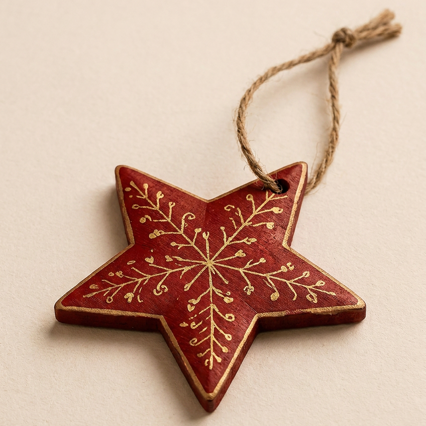 A red five-pointed star Christmas ornament with gold snowflake details and a natural jute hanging string, shown on a light beige background.
