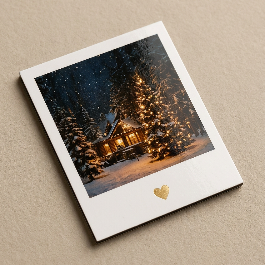 A square instant-film-style photo print with a white border lies on a beige textured surface. The printed scene shows a cozy cabin surrounded by glowing Christmas trees in the snow under a dark night sky.