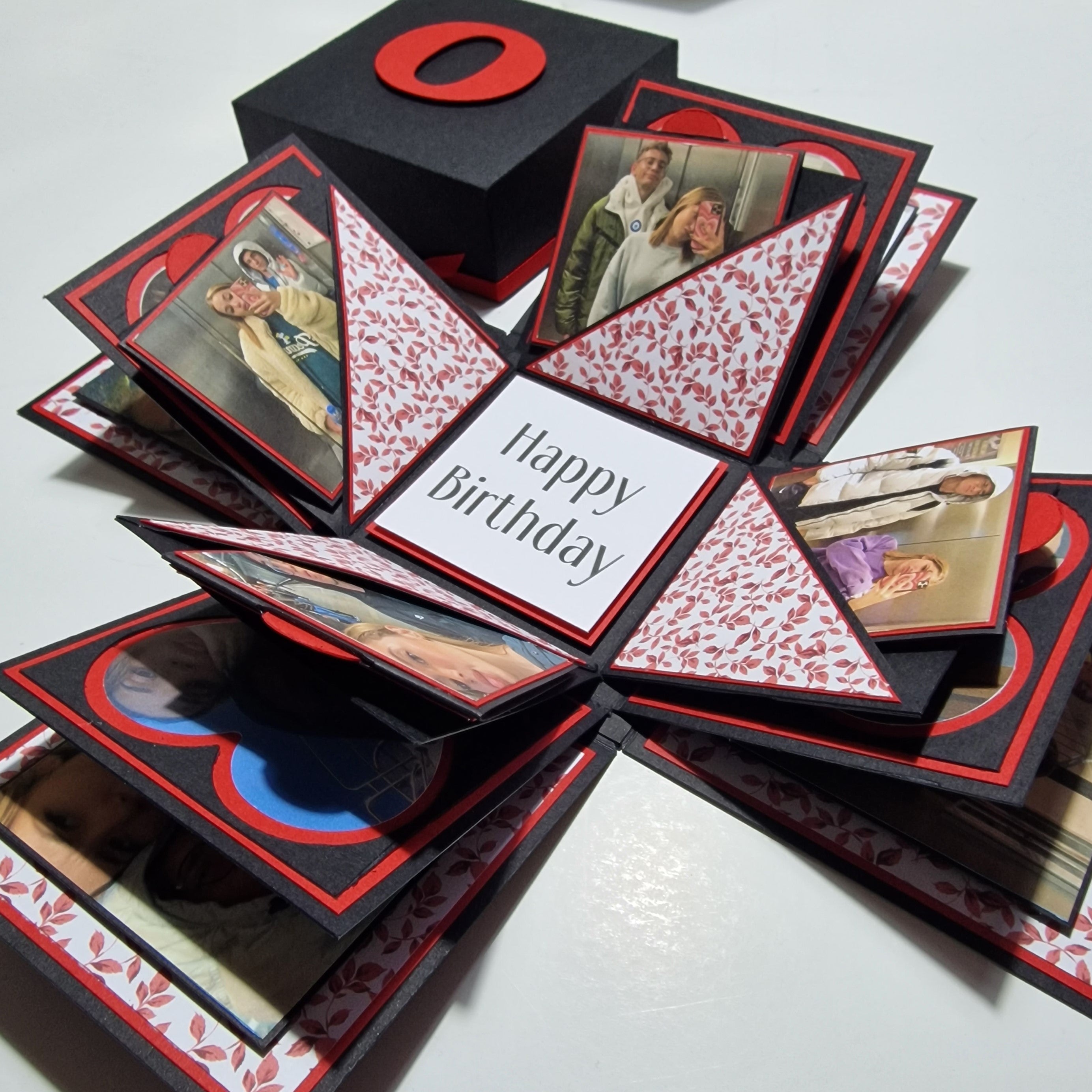 Exploding Memory Photo Box featuring multiple layers, flip albums, and fold-out flaps. Available in five sizes, it serves as a surprise gift, keepsake album, or Christmas box.