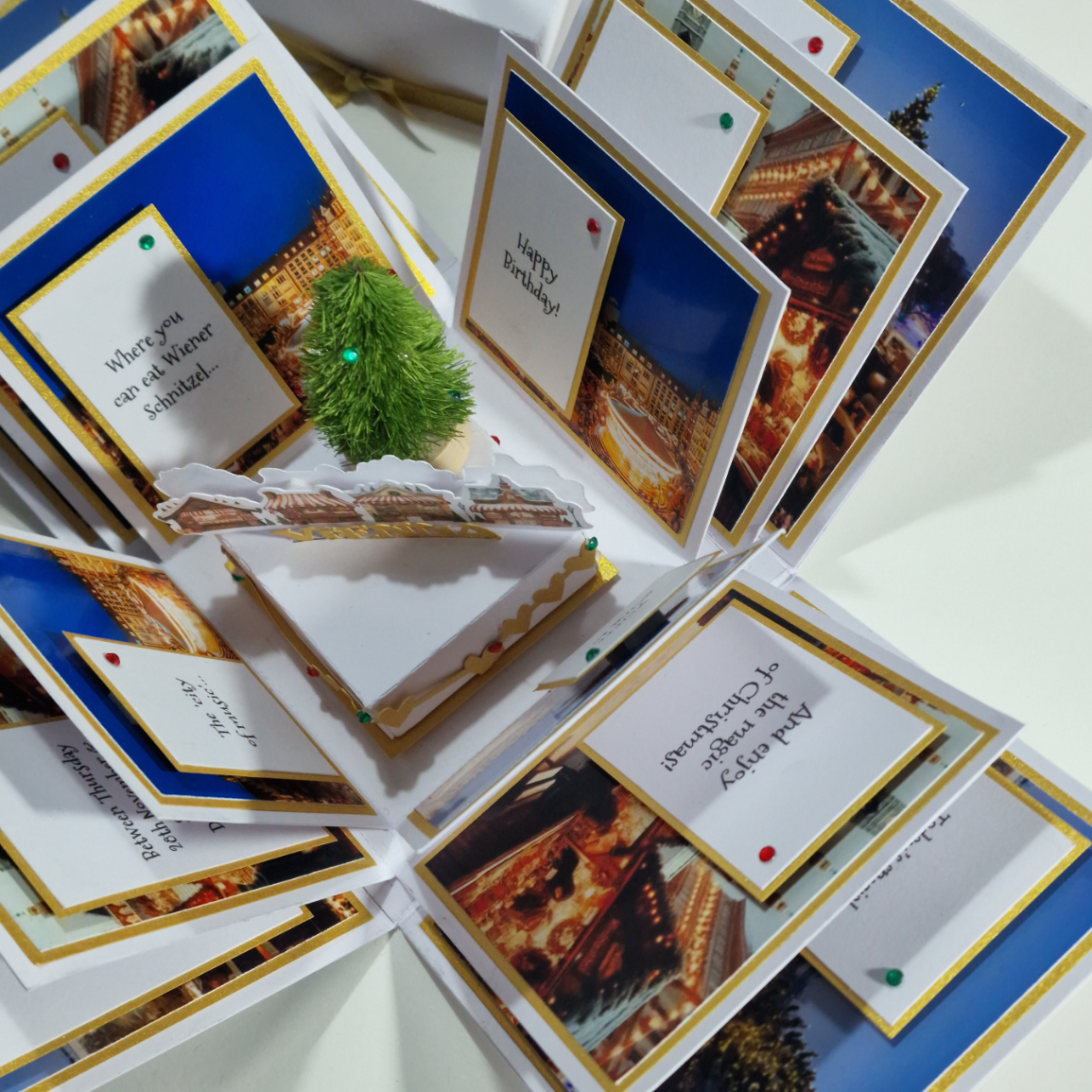 Close-up of the Christmas Markets Exploding Trip Reveal Gift Box, featuring intricate card details, hinting at a surprise holiday adventure amidst festive Christmas markets.