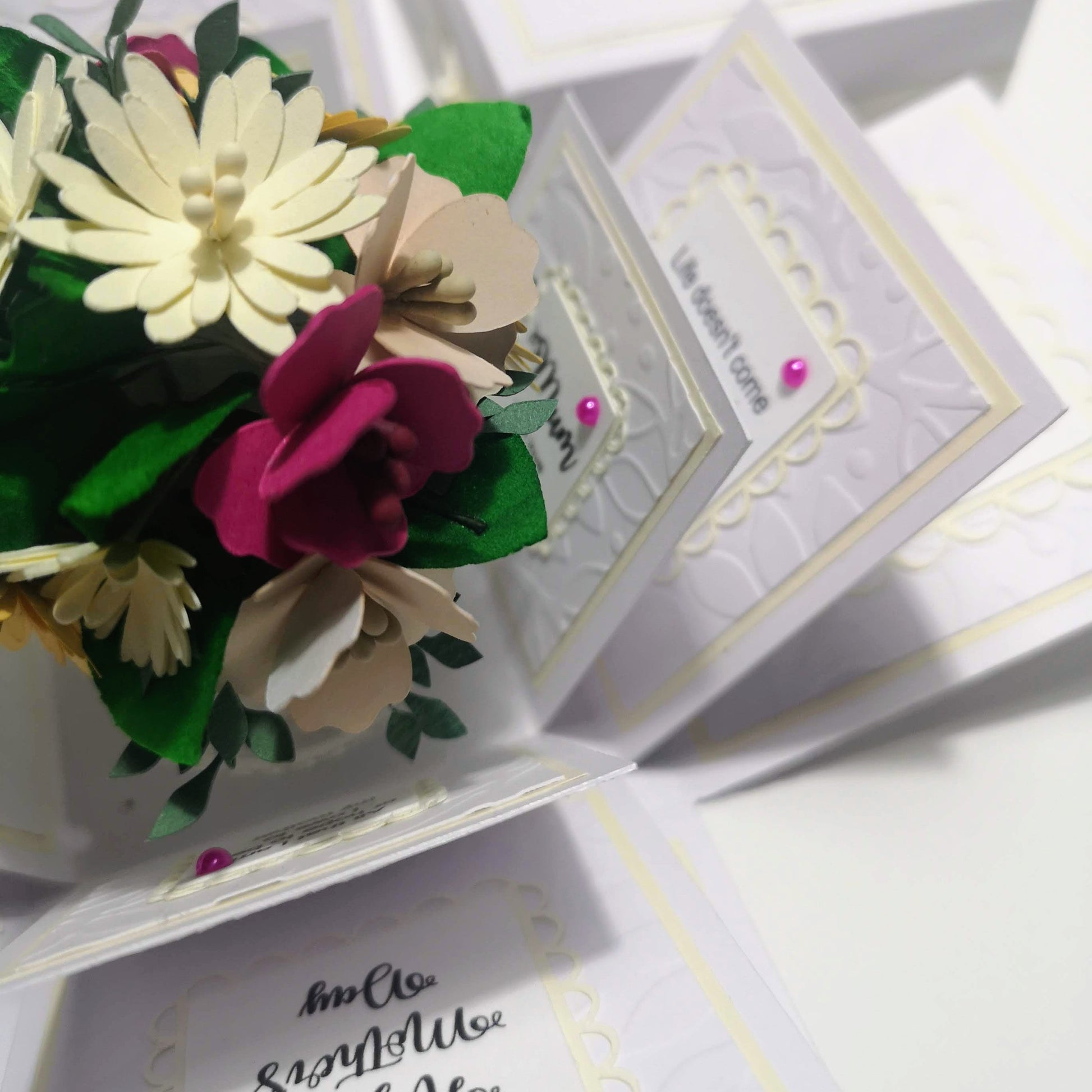 Mother's Day Forever Flower Bouquet Explosion Gift showcases an embossed elegance with paper flowers in a box, featuring intricate petals and lush leaves, perfect for heartfelt celebrations.