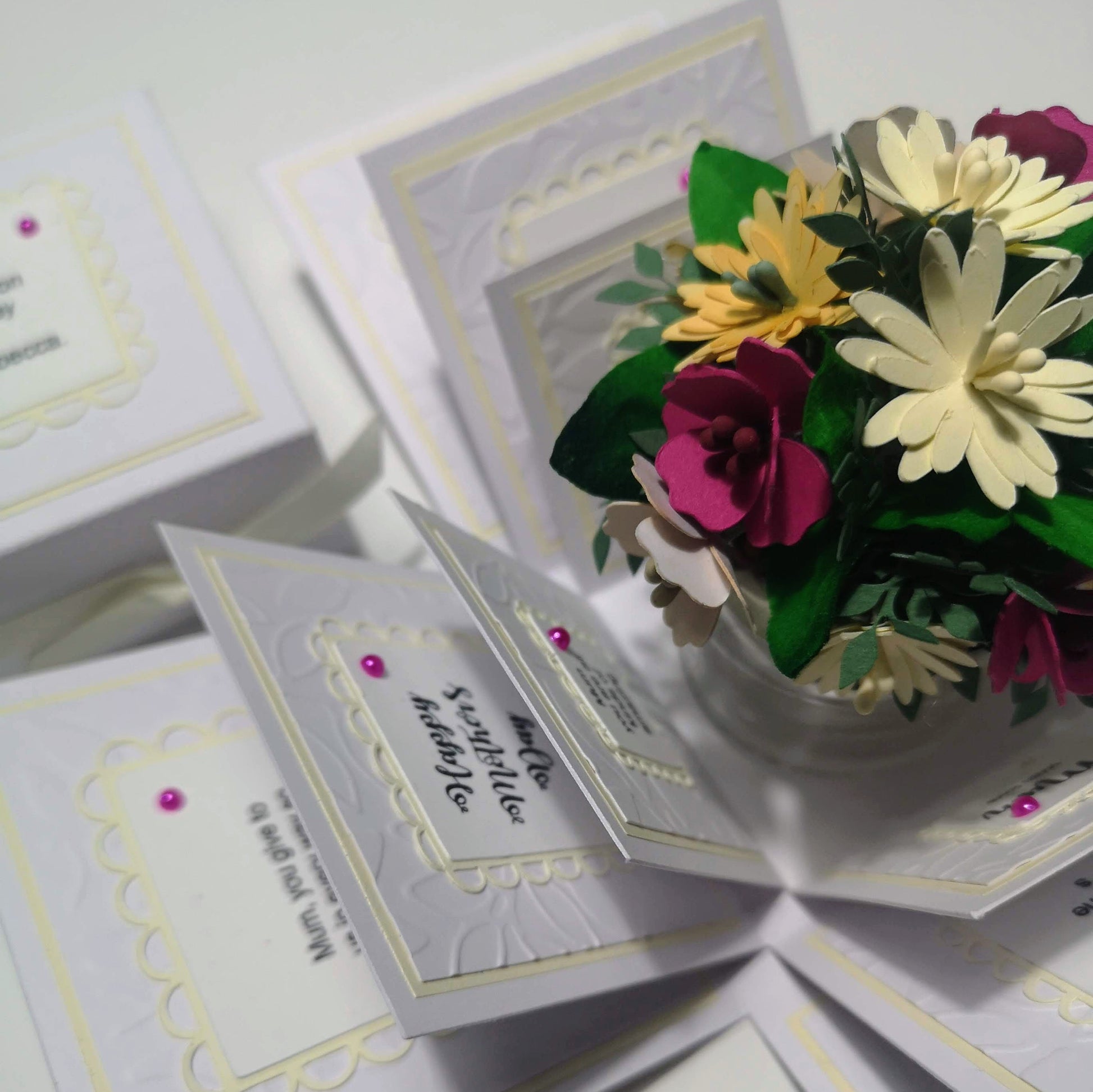Mother's Day Forever Flower Bouquet Explosion Gift showcases a pop-open card with intricately crafted paper flowers and embossed elegance, featuring delicate blooms and personalized message panels in a decorative box.