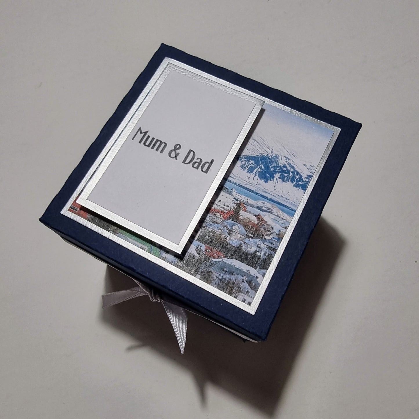 Bespoke Navy Blue ICELAND Exploding Trip Reveal Box with Silver Accents and all the relevant trip information